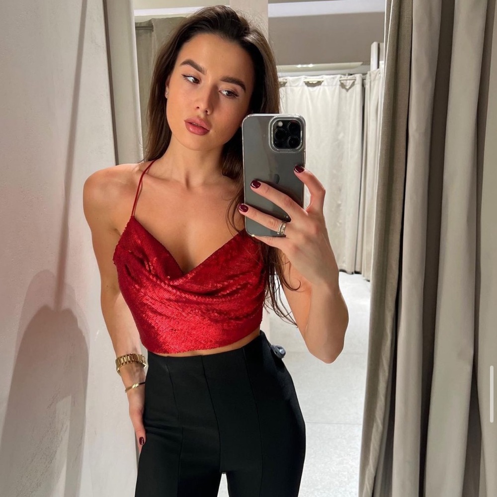 NWT Zara Red Sequin Crop Top Size S